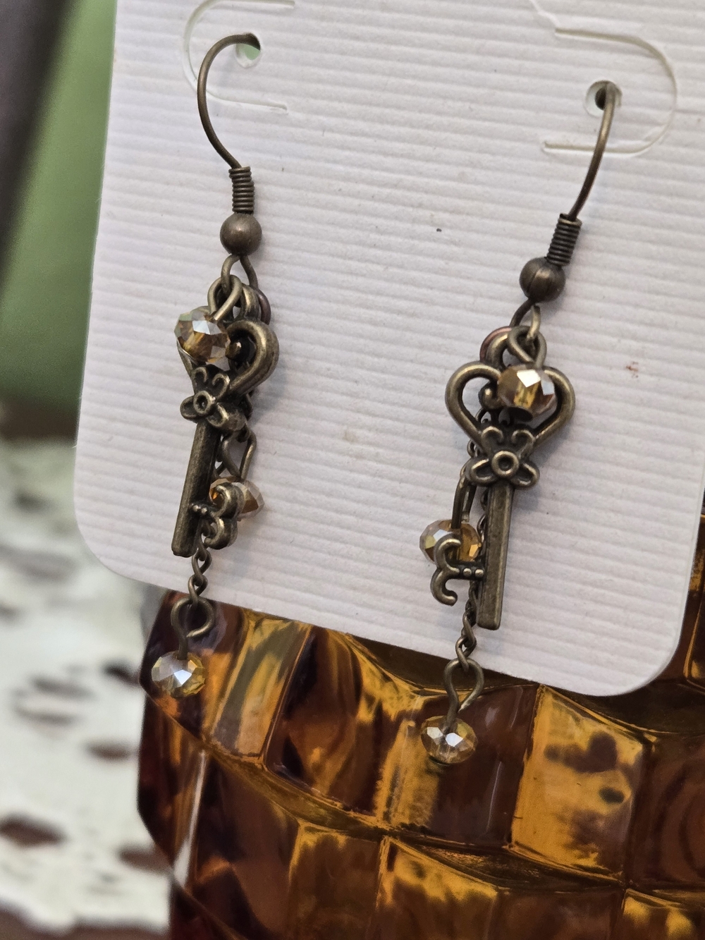 Vintage-Inspired Key Drop Earrings in Antique Gold and Amber